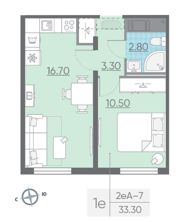 Однокомнатная квартира 33.3 м²