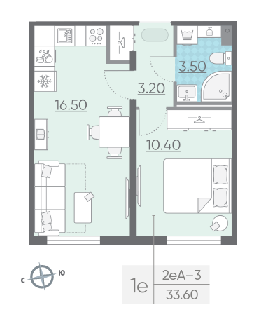Однокомнатная квартира 33.6 м²