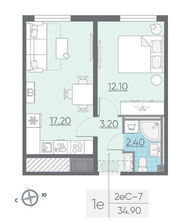Однокомнатная квартира 34.9 м²
