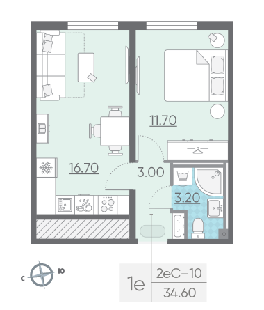 Однокомнатная квартира 34.6 м²