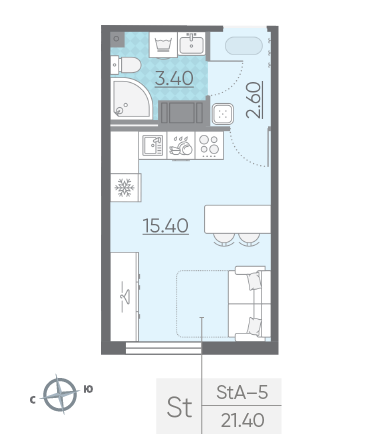 Студия 21.4 м²