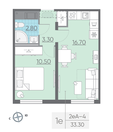 Однокомнатная квартира 33.3 м²