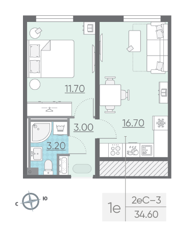 Однокомнатная квартира 34.6 м²