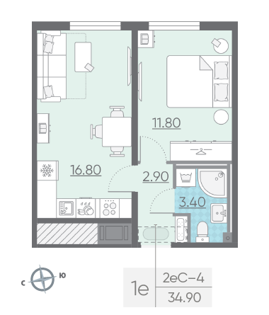 Однокомнатная квартира 34.9 м²
