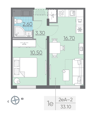 Однокомнатная квартира 33.1 м²