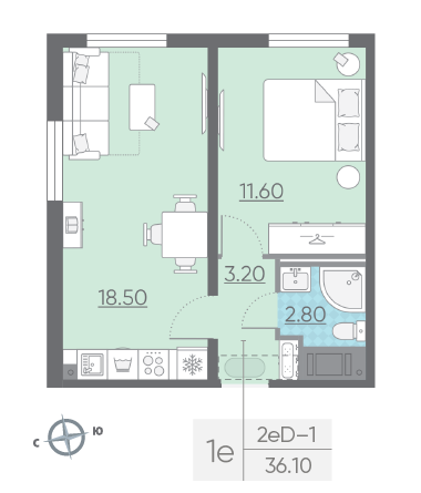 Однокомнатная квартира 36.1 м²