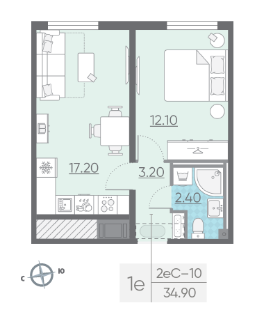 Однокомнатная квартира 34.9 м²