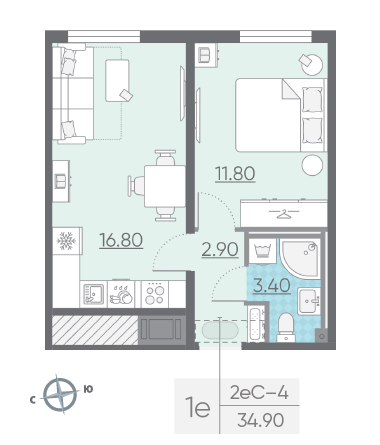 Однокомнатная квартира 34.9 м²