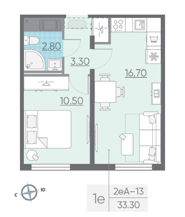 Однокомнатная квартира 33.3 м²