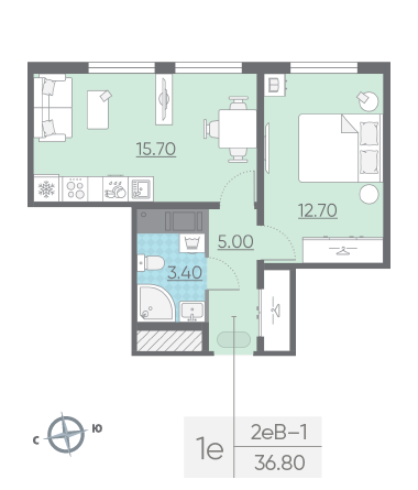 Однокомнатная квартира 36.8 м²