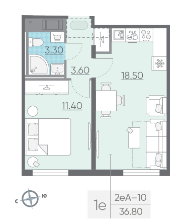 Однокомнатная квартира 36.8 м²