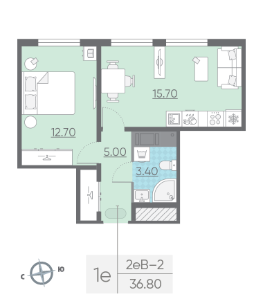 Однокомнатная квартира 36.8 м²