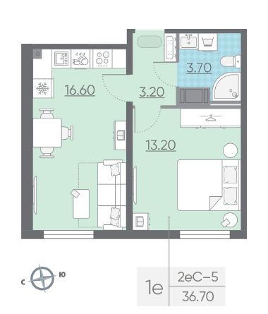 Однокомнатная квартира 36.7 м²