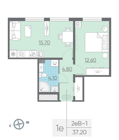 Однокомнатная квартира 37.2 м²