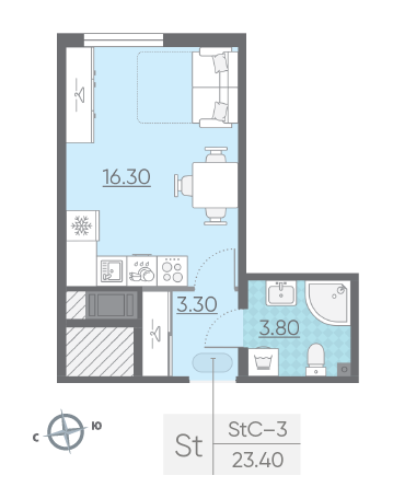 Студия 23.4 м²