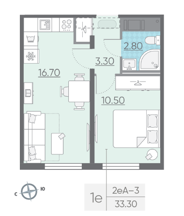Однокомнатная квартира 33.3 м²