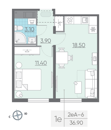 Однокомнатная квартира 36.9 м²