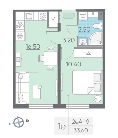 Однокомнатная квартира 33.6 м²