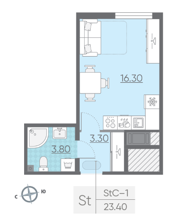 Студия 23.4 м²