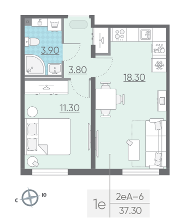 Однокомнатная квартира 37.3 м²
