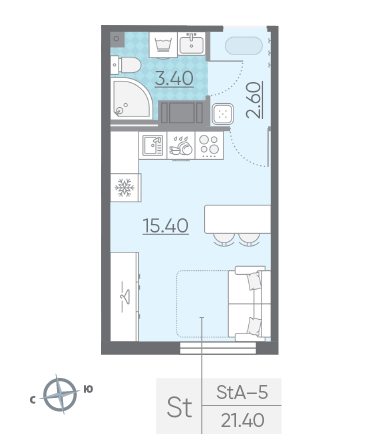 Студия 21.4 м²