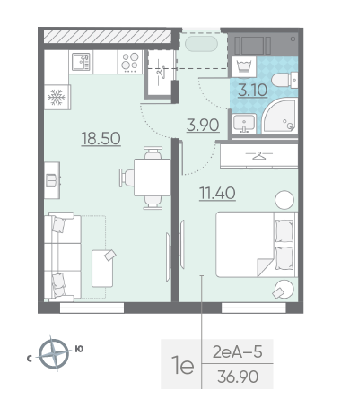 Однокомнатная квартира 36.9 м²