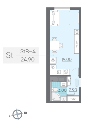 Студия 24.9 м²