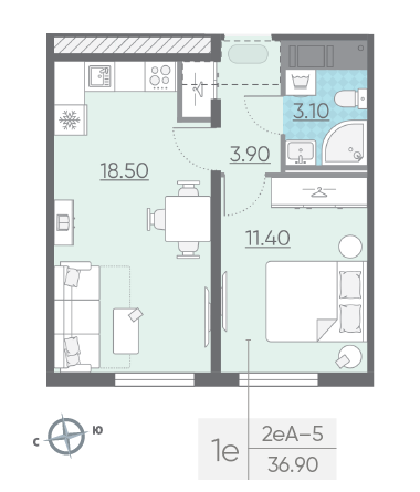 Однокомнатная квартира 36.9 м²
