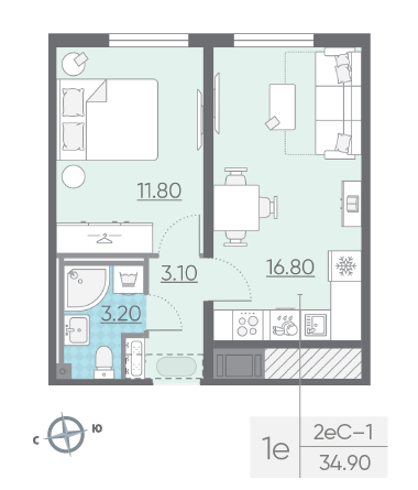 Однокомнатная квартира 34.9 м²