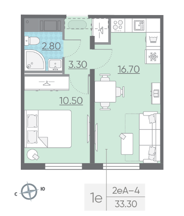 Однокомнатная квартира 33.3 м²