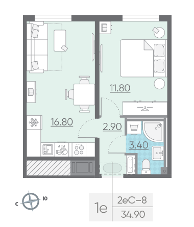 Однокомнатная квартира 34.9 м²
