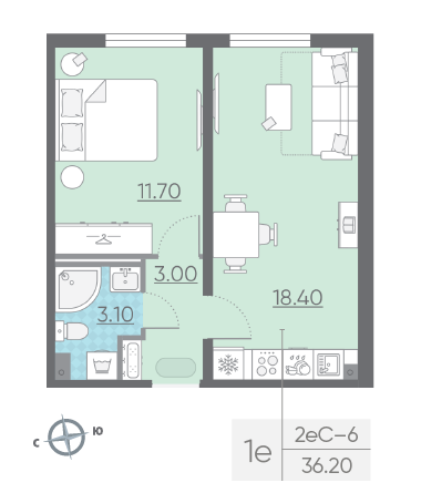 Однокомнатная квартира 36.2 м²
