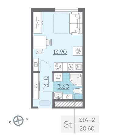 Студия 20.6 м²