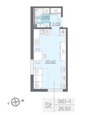 Студия 25.5 м²