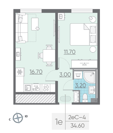 Однокомнатная квартира 34.6 м²