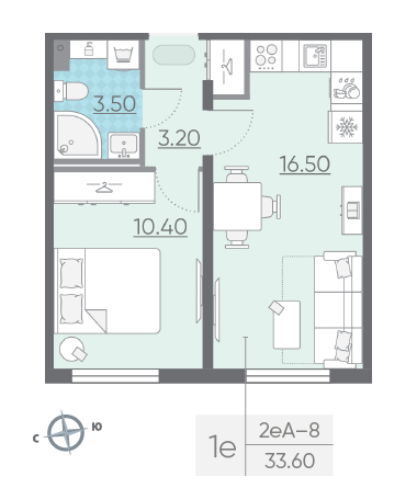 Однокомнатная квартира 33.6 м²