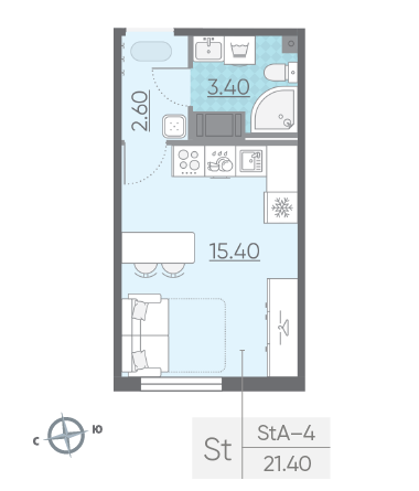 Студия 21.4 м²