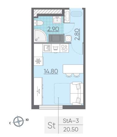 Студия 20.5 м²