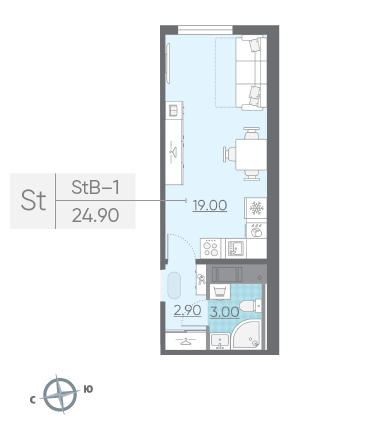 Студия 24.9 м²