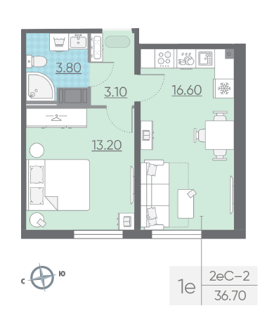 Однокомнатная квартира 36.7 м²
