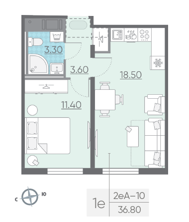 Однокомнатная квартира 36.8 м²