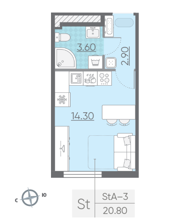 Студия 20.8 м²